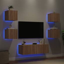 Berkfield Home 5 Piece TV Wall Cabinets with LED Lights Sonoma Oak in Light Tan - thumbnail 2