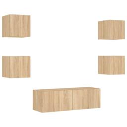Berkfield Home 5 Piece TV Wall Cabinets with LED Lights Sonoma Oak in Light Tan - thumbnail 3