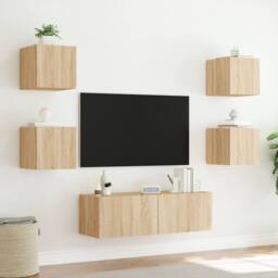 Berkfield Home 5 Piece TV Wall Cabinets with LED Lights Sonoma Oak in Light Tan - thumbnail 4