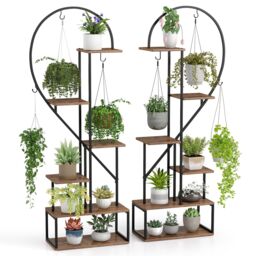 Gymax 2 Pack 6-Tier Metal Plant Stand Heart-Shape Ladder Plant Shelves in Brown
