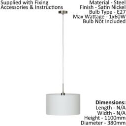 Loops Pendant Light Colour Satin Nickel Steel Shade White Fabric Bulb E27 1x60W in Metallics - thumbnail 2