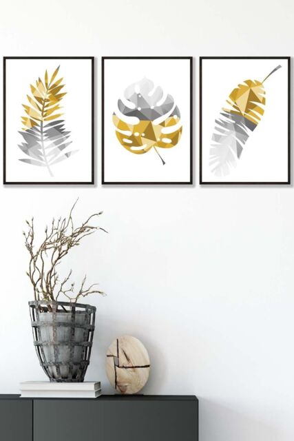 ARTZE Geometric Tropical Leaves In Yellow Grey Framed Wall Art - Medium in Black - Size: W45 cm x H62 cm x D20mm - image 1