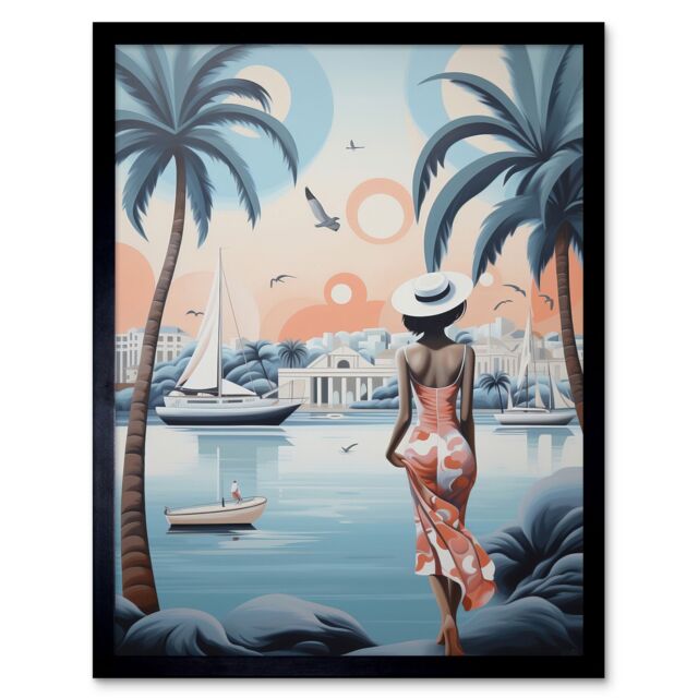 Artery8 Wall Art Print French Riviera Palm Tree Coastline Boats Stylised Artwork Teal Coral Pink Woman Cote d'Azur Nice Coastal Landscape Art Framed - image 1