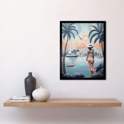 Artery8 Wall Art Print French Riviera Palm Tree Coastline Boats Stylised Artwork Teal Coral Pink Woman Cote d'Azur Nice Coastal Landscape Art Framed - thumbnail 2