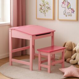 Orsina Durable Children's Desk & Stool, Sleek Functional Desk For Children, Angled Surface Desk & Stool in Pink - thumbnail 1