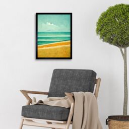 "Artery8 Wall Art Print Calm Sandy Beach Summer Scene In Ochre & Teal Minimalist Art Framed in Black - Size: W12"" x H16""" - thumbnail 2
