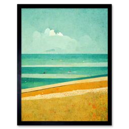 "Artery8 Wall Art Print Calm Sandy Beach Summer Scene In Ochre & Teal Minimalist Art Framed in Black - Size: W12"" x H16""" - thumbnail 1