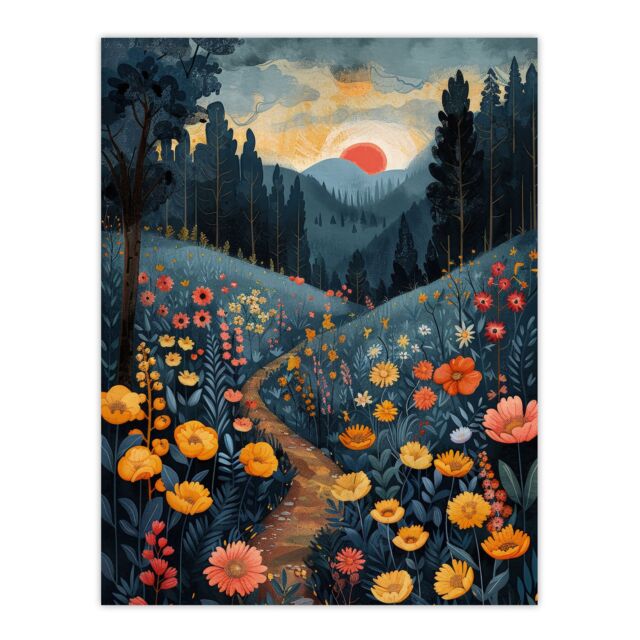 "Artery8 Wall Art Print Wildflower Path at Sunset Floral Nature Landscape Poster in Blue - Size: W18"" x H24""" - image 1