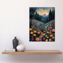"Artery8 Wall Art Print Wildflower Path at Sunset Floral Nature Landscape Poster in Blue - Size: W18"" x H24""" - thumbnail 4