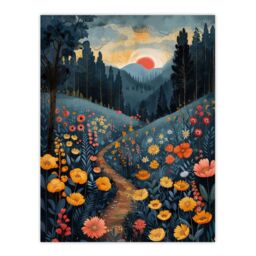 "Artery8 Wall Art Print Wildflower Path at Sunset Floral Nature Landscape Poster in Blue - Size: W18"" x H24""" - thumbnail 1