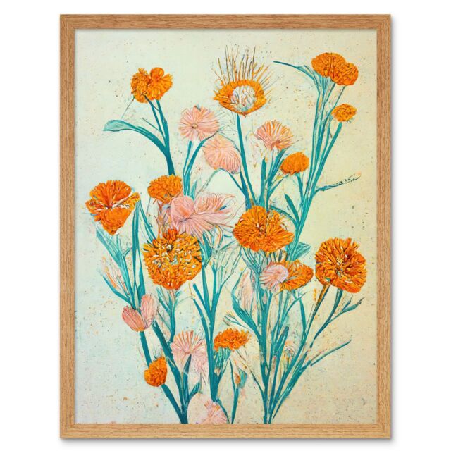"Artery8 Wall Art Print Boho Marigold Flowers Teal Orange Painting Art Framed in Light Oak - Size: W12"" x H16""" - image 1