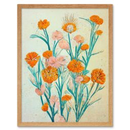 "Artery8 Wall Art Print Boho Marigold Flowers Teal Orange Painting Art Framed in Light Oak - Size: W12"" x H16""" - thumbnail 1