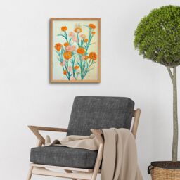 "Artery8 Wall Art Print Boho Marigold Flowers Teal Orange Painting Art Framed in Light Oak - Size: W12"" x H16""" - thumbnail 2