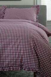 The Lyndon Company Gingham Frilled Cotton Duvet Set Printed with Frill Detailing in Burgundy - Size: King - thumbnail 5