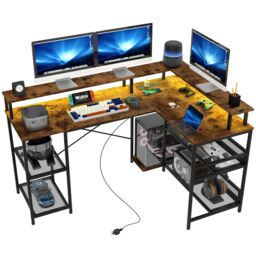 HOMCOM L Shaped Gaming Desk w/ LED Lights & Power Outlets for Small Space in Brown - thumbnail 2