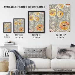 "Artery8 Rustic Marigold Flowers Blue Yellow Simple Floral Wall Art Print in Grey - Size: W24"" x H32""" - thumbnail 3