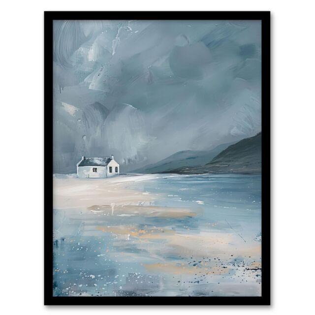 Artery8 Classic Scottish Cottage on Coast Oil Painting Framed Art Print in Grey - Size: A4 - image 1