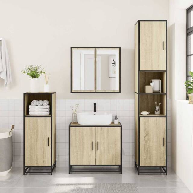 Berkfield Home Durable 3 Piece Bathroom Furniture Set Sonoma Oak Engineered Wood in Light Tan - image 1