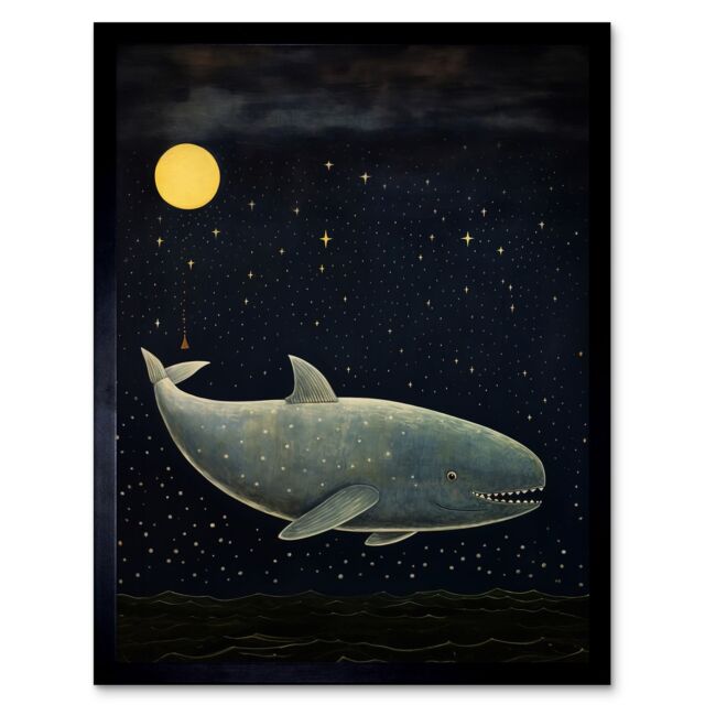 "Artery8 Wall Art Print Whale Breach at Full Moon Reach for the Stars Conceptual Artwork Kids Bedroom Art Framed in Black - Size: W12"" x H16""" - image 1