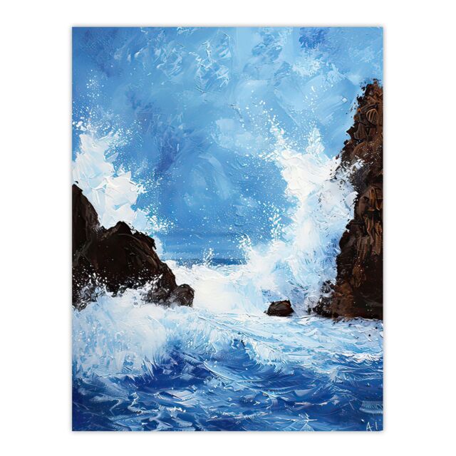 "Artery8 Waves Crashing Rocks Sea Spray Oil Painting Wall Art Print in Blue - Size: W24"" x H32""" - image 1