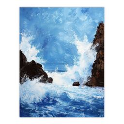 "Artery8 Waves Crashing Rocks Sea Spray Oil Painting Wall Art Print in Blue - Size: W24"" x H32""" - thumbnail 1