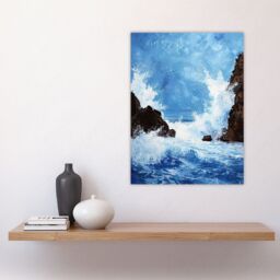 "Artery8 Waves Crashing Rocks Sea Spray Oil Painting Wall Art Print in Blue - Size: W24"" x H32""" - thumbnail 4
