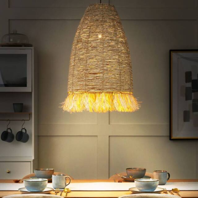 Wyld and Coco Pendant Lamp Natural Corn Husk Shade Wicker and Seagrass Black Iron - image 1