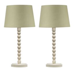 First Choice Lighting Set of 2 Bobbin - Ivory Lamps with Sage Green Cotton Shades in White - thumbnail 1