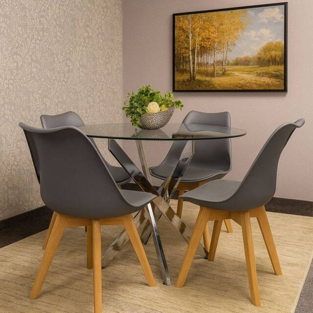 KOSY KOALA Round Glass Dining Table Set With 4 Grey Plastic Chairs - image 1