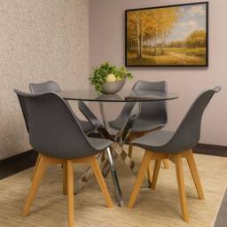 KOSY KOALA Round Glass Dining Table Set With 4 Grey Plastic Chairs - thumbnail 1