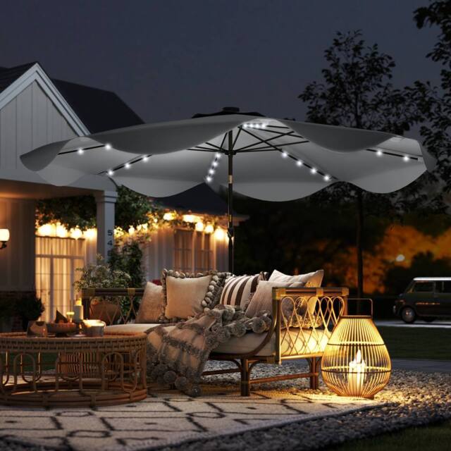 OUTSUNNY Garden Parasol Umbrella with LED Lights & Tilt, Table Umbrella in Dark Grey