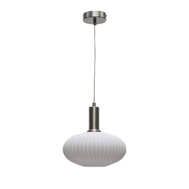 First Choice Lighting Baton - White Ribbed Oval Glass Satin Nickel Deco Pendant Fitting - image 1