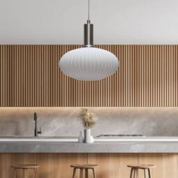 First Choice Lighting Baton - White Ribbed Oval Glass Satin Nickel Deco Pendant Fitting - thumbnail 3