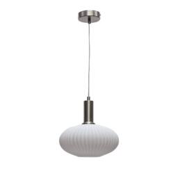 First Choice Lighting Baton - White Ribbed Oval Glass Satin Nickel Deco Pendant Fitting - thumbnail 1