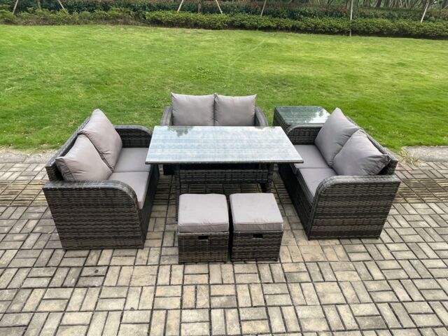 Fimous 8 Seater Outdoor Rattan Garden Furniture Set with Patio Rectangular Dining Table Love Sofa Side Table 2 Small Footstools Dark Grey Mixed - image 1