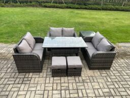 Fimous 8 Seater Outdoor Rattan Garden Furniture Set with Patio Rectangular Dining Table Love Sofa Side Table 2 Small Footstools Dark Grey Mixed - thumbnail 1