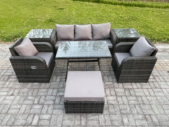 Fimous 6 Seater Rattan Wicker Garden Furniture Patio Conservatory Sofa Set with Rectangular Dining Table Reclining Chair in Dark Grey - image 1