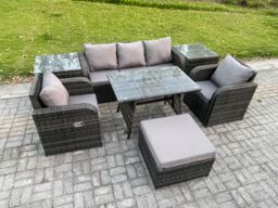 Fimous 6 Seater Rattan Wicker Garden Furniture Patio Conservatory Sofa Set with Rectangular Dining Table Reclining Chair in Dark Grey - thumbnail 2
