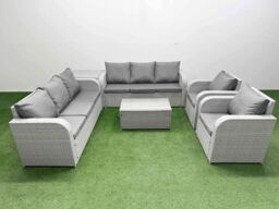 Fimous PE Rattan High Back Lounge Sofa Set Patio Coffee Table & Chairs Set with 3 Seater Sofa Reclining Chair Side Table Light Grey - thumbnail 1