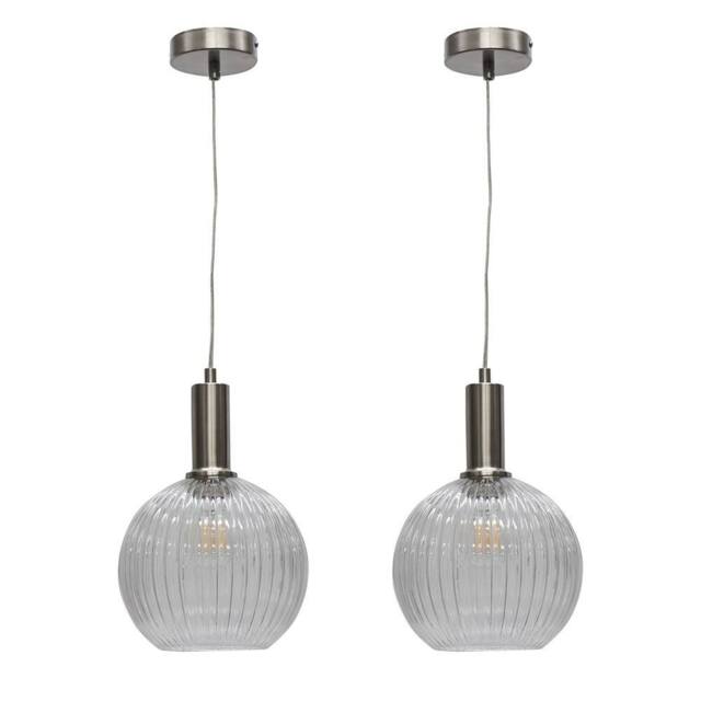 First Choice Lighting Set of 2 Betchley - Clear Ribbed Globe Satin Nickel Deco Pendants - image 1