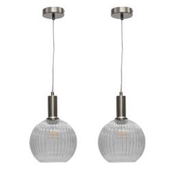 First Choice Lighting Set of 2 Betchley - Clear Ribbed Globe Satin Nickel Deco Pendants - thumbnail 1