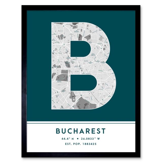 "Wee Blue Coo Wall Art Print Bucharest Romania City Map Modern Typography Stylish Letter Framed Word in Teal - Size: W12"" x H16""" - image 1
