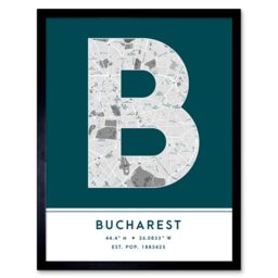 "Wee Blue Coo Wall Art Print Bucharest Romania City Map Modern Typography Stylish Letter Framed Word in Teal - Size: W12"" x H16""" - thumbnail 1