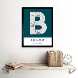 "Wee Blue Coo Wall Art Print Bucharest Romania City Map Modern Typography Stylish Letter Framed Word in Teal - Size: W12"" x H16""" - thumbnail 2