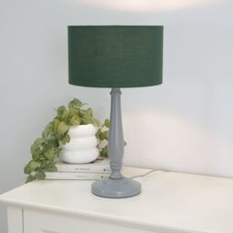 ValueLights Victoria Grey Wood Traditional Table Lamp with Fabric Drum Shade & LED Bulb in Green - thumbnail 1