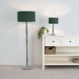 ValueLights Victoria Grey Wood Traditional Table Lamp with Fabric Drum Shade & LED Bulb in Green - thumbnail 5