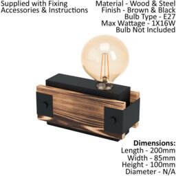 Loops 2 PACK Table Lamp Desk Light Black Steel & Wood Bedside Box 1x 16W E27 - thumbnail 2