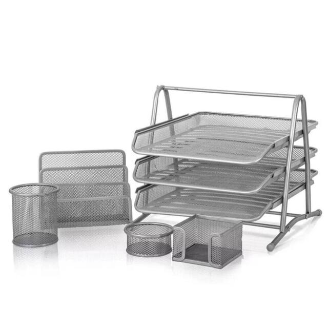 VOGREX Silver Mesh 5 Set Office Desk Organiser 3 Tier Paper Tray Pencil Cup - image 1