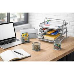 VOGREX Silver Mesh 5 Set Office Desk Organiser 3 Tier Paper Tray Pencil Cup - thumbnail 4