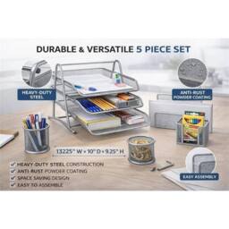 VOGREX Silver Mesh 5 Set Office Desk Organiser 3 Tier Paper Tray Pencil Cup - thumbnail 3